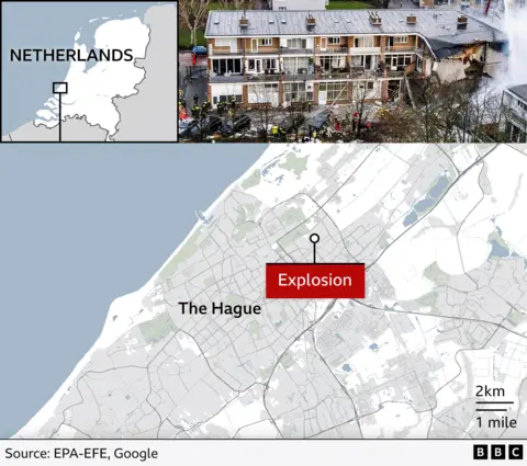 A map showing the location of an explosion in The Hague