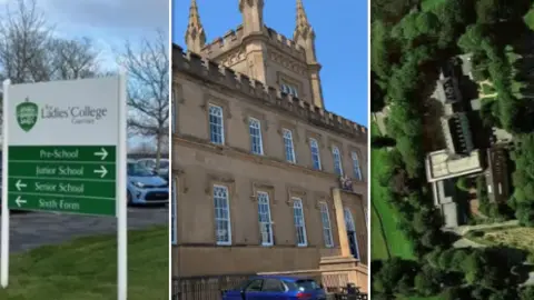 A split picture showing a green sign for Ladies College on the left. In the middle, a picture of the Elizabeth College main building that looks like a castle and on the right, an ariel picture of Blanchelande College. 