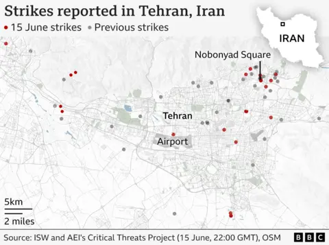 A graphic showing Israeli attack locations in Tehran on June 15
