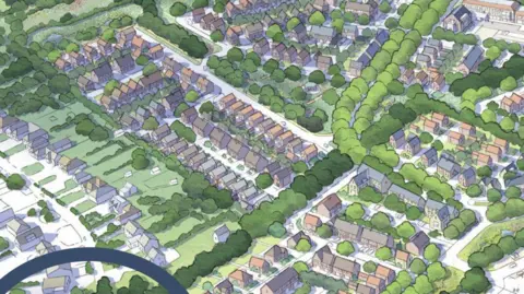 Aerial drawing of proposed layout of Bodkin Farm development in Chestfield near Whitstable featuring houses, trees, roads, and green spaces.