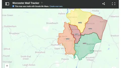 A screenshot of an interactive map showing slow postal deliveries in Worcester.
