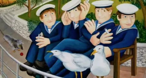 ourberylcook.com/John Cook This is Beryl Cook's painting Sailors and Seagulls. It is a painting of four sailors sitting on a seafront bench, smoking cigarettes. There are two seagulls on railings in front of them.