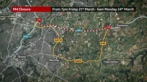 A map showing the planned diversion route that utilises the A46, A420 and A4174.