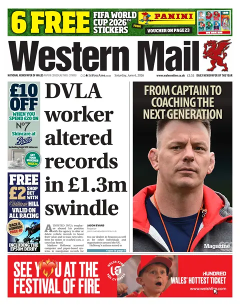 Western Mail the front page of the Western Mail has a sport picture of a coach beside the main story headline DVLA worker altered records in £1.3m swindle