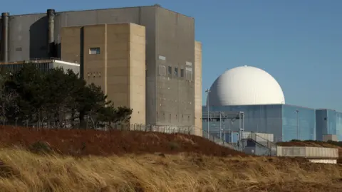 Sizewell B nuclear power station in Suffolk. There are two large buildings, including one with a large white dome on its roof