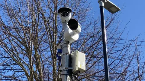 Close-up of two white cameras fixed to a metal pole. It is high up, as a tree can be seen behind them.