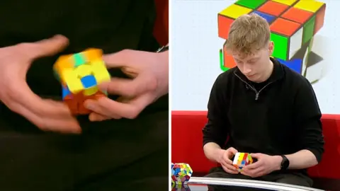 Split screen showing a close-up of the Rubik cube being solved, and teenager solving it in studio