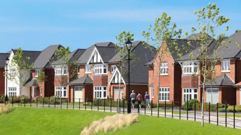 Gladman An artist's impression of a row of semi-detached houses with red bricks and white windows and doors. There is a narrow road and pathway in front of them with a black metal fence and grass beyond it on the other side