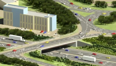 An animated diagram impression of Badminton Road Bridge. This picture includes multiple dual carriageways with cars and lorries using them. All the multi-coloured vehicles are heading in different directions. The diagram has patches of green grass, trees and bushes. There is one multi-storey building and car park in the centre of the diagram. 