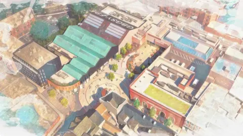 North East Lincs Council / Leslie Jones Architecture Aerial artist impression of the Freshney Place redevelopment showing a red brick market hall to the bottom right and a new tree-lined public square