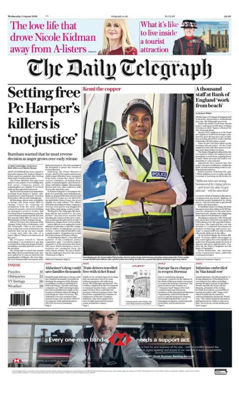 "Setting free PC Harper's killers is 'not justice'," reads the headline on the front page of the Daily Telegraph.