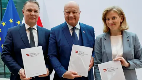 Reuters Left to right: (L-R) SPÖ leader Andreas Babler, conservative leader Christian Stocker and Neos party head Beate Meinl-Reisinger