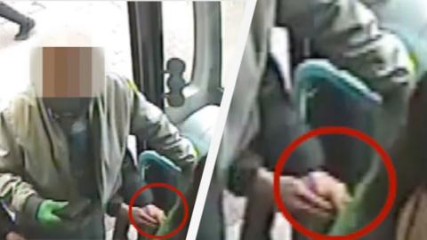 A victim is targeted by a thief as he boards a bus