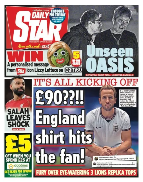 The headline on the front page of the Sun reads: "£90??!! England shirt hits the fan!"