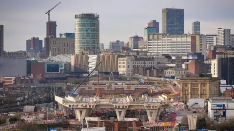 A view looking out over the city from the HS2 Curzon Viaduct 2 on January 14, 2026 in Birmingham, England. Curzon 2 in Birmingham, also known as the Bellingham Bridge, at approx 40m it is the tallest viaduct on the HS2 route and is now a prominent feature on the city's skyline. 