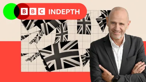 Union jack flags in the background with an image of Evan Davis on the right