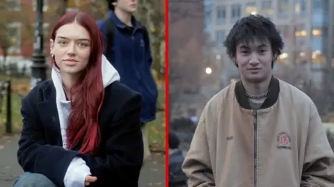 Split screen of a man and a woman n New York City 