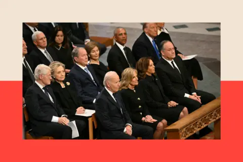 Getty Images From left to right, front row, US President Joe Biden, First Lady Lady Jill Biden, Vice President Kamla Harris, Second Gentleman Doug Emhoff, second row, former President Bill Clinton, former Secretary of State Hillary Clinton, former President George W. Bush, his wife Laura Bush, former President Barack Obama, President-elect Donald Trump and his wife Melania Trump attend the State Funeral Service for former US President Jimmy Carter