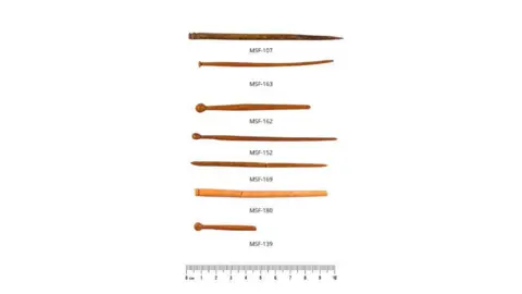 The Vindolanda Trust Photo of several bone hairpins laid out horizontally - one below the other. They are all brown or dark brown. They are sharp on one end and blunt or have a ball on the other. At the bottom is a ruler showing the pins to be between four and 10cm.