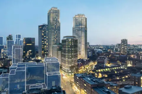 Southwark Council CGI shows Borough Triangle development buildings on the left with other skyscrapers in the background