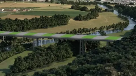 An artist's impression of part of the route over the the River Wye to the west of the city. There is countryside below a long, flat bridge design.