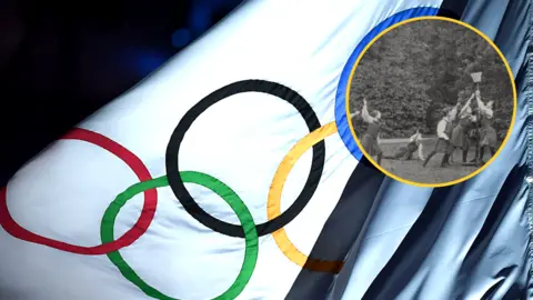 Olympic rings on a flag, with separate image in a circle showing girls playing netball in the 1890s