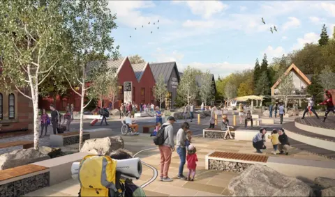 Lomond Bank The proposed Lomond Bank development in Loch Lomond with people walking around an open space with benches and houses and light coloured pavement with trees in the distance