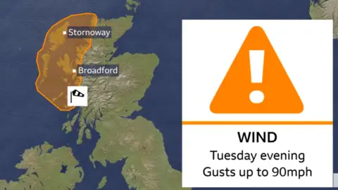 A graphic showing the amber wind warning area.