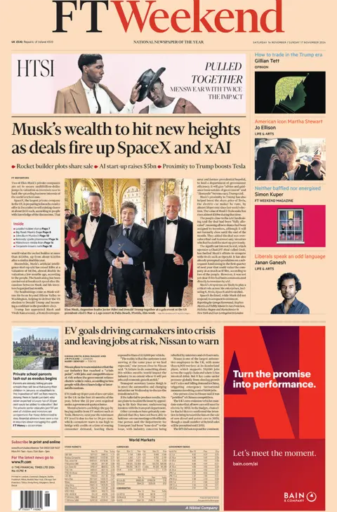 The FT Weekend headlines "Musk's wealth to hit new heights as deals fire up SpaceX and xAI" 