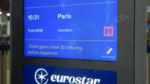 PA Media A Eurostar departure screen shows information about the, now cancelled, 1531 London-Paris train.