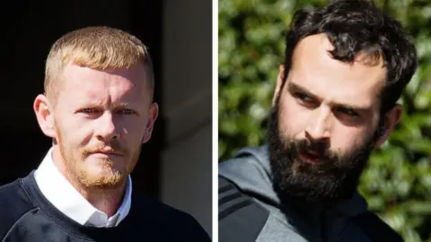 Athena Pictures A composite image of two men outside of court. Luke on the left is looking right at the camera. He has a white collared shirt on under a black round neck top. He has short red hair and a red beard. Connor is looking to the left of the camera and is grey hoodie with black strips. He has short black hair and stubble beard,. 