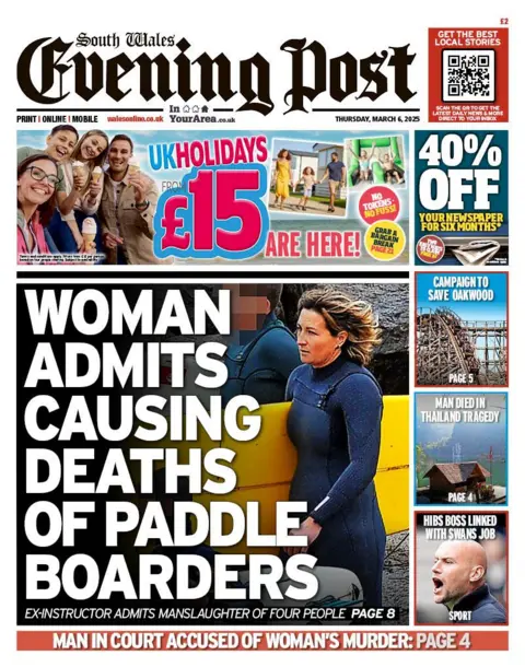 South Wales Evening Post Front page of the South Wales Evening Post shows a woman in as wetsuit carrying a yellow paddle board next the headline, woman admits causing deaths of paddle boarders 