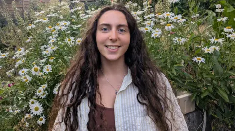 Aviva Aviva, a young woman with long dark hair standing in a garden surrounded by white daisies, with greenery in the background.