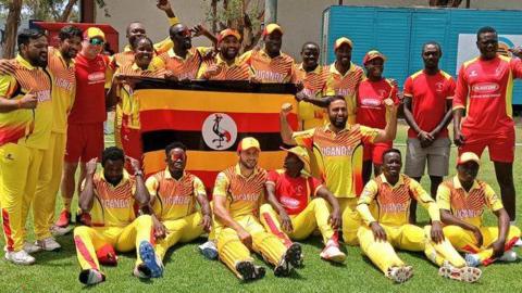 Uganda celebrate qualifying for the 2024 Men's T20 World Cup