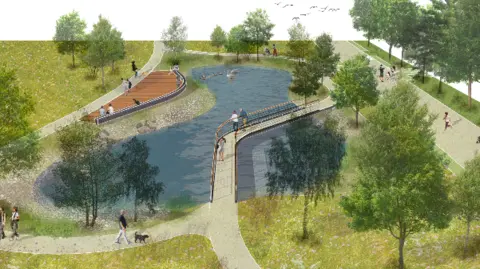 Douglas City Council A computer-generated image shows a pond with walking platforms crossing it. Trees surround it, and on the edge is a dark wooden seating area. 