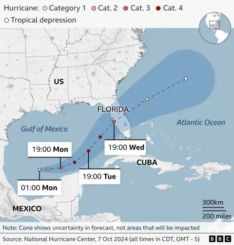 Un mapa de la BBC muestra la trayectoria prevista del huracán Milton, de suroeste a noroeste, a través del Golfo de México (lunes y martes) y de Florida (a partir de las 19:00 horas del miércoles). Se espera que se fortalezca durante este tiempo hasta alcanzar la categoría cuatro