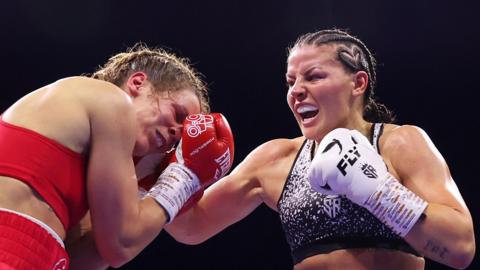  Terri Harper is punched by Sandy Ryan during the WBO World welterweight title fight 