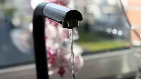 Nataliia Kliuieva-Makarenko/Getty Images Water flows from a black tap in a kitchen with a window in the background, which is blurred. 