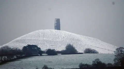 A snow covered Glastonbury Tor in Somerset.