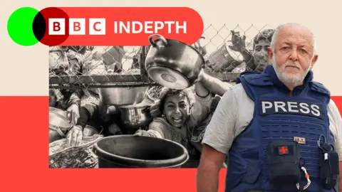 A treated image of displaced Palestinians queue for hot meals with a edited image of Jeremy Bowen on the side
