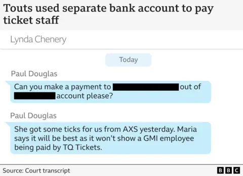  "Can you make a payment to [REDACTED] out of [REDACTED] account please?" In a separate message, he says: "She got some ticks for us from AXS yesterday. Maria says it will be best as it won't show a GMI employee being paid by TQ Tickets."