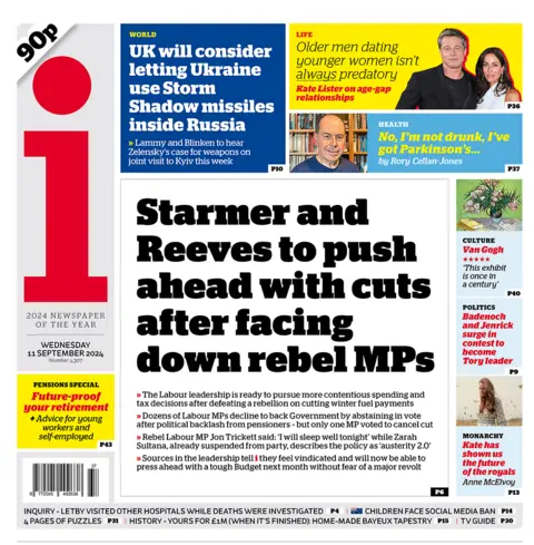 Front leafage   of the one  paper  with the header  "Starmer and Reeves to propulsion  up  with cuts aft  facing down   rebel MPs"