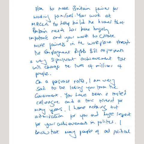 Downing Street The second page of Sir Keir Starmer's handwritten letter acknowledging Angela Rayner's resignation. It is written in blue ink.