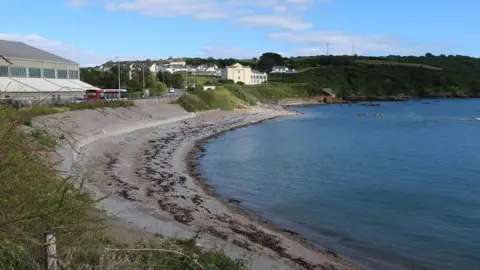 An empty Mount Batten beach near Plymouth which was closed in 2019 following the discovery of asbestos. The beach is stoney with lots of brown seaweed on it. The water is dark blue coloured with bright blue skies above it. 