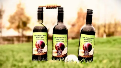 Brian Farmer/BBC Three bottles of red wine set up like cricket stumps on grass. A bail sits between the top of left hand had middle bottles. The right hand bottle is leaning to the right, A white cricket ball sits on the grass between the middle and right-hand bottles.