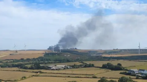 A picture of the large fire. There is a lot of smoke and houses in the area.