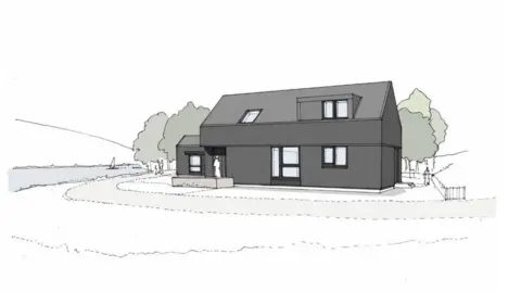 G+GA Architecture An architects' illustration of the proposed three-bedroom house. It is a two-storey building with a pitched roof. There are three windows along the front wall and skylight-type window and two other windows upstairs. The illustration includes a number of green trees.
