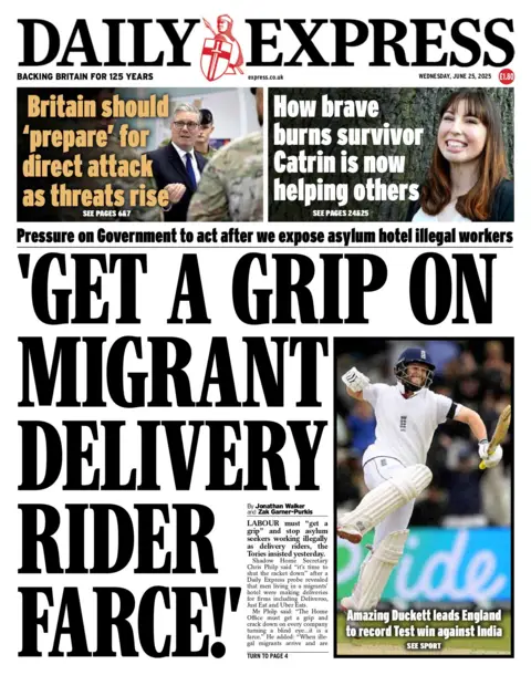 "Get a grip on migrant delivery rider farce!" reads the headline on the front page of the Daily Express.