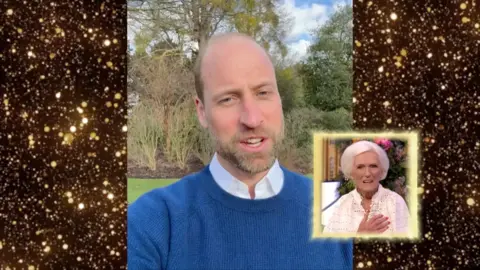 Prince William speaking from a garden while Mary Berry watches with her hand on her chest