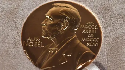 Getty Images A gold medal lying on a cloth with the etched outline of a man's head and torso with the words Alfred Nobel